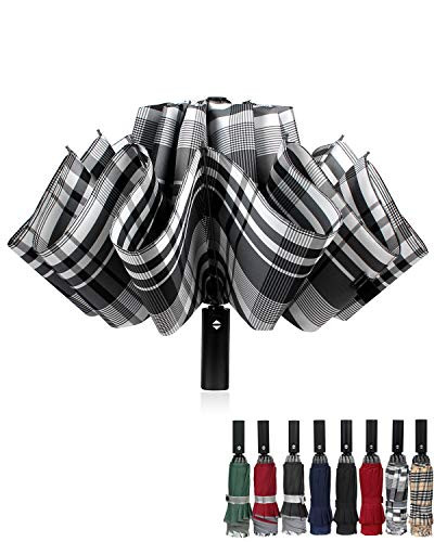 Windproof Travel Umbrella Compact Inverted Umbrella Automatic open and close Folding Reverse Umbrella for Men Women 10 ribs Gray plaid