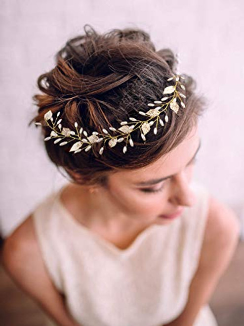 Yean Gold Leaf Bride Wedding Headband Pearl Bridal Hair Accessories Headpiece for Women and Girls Yean Gold Leaf Bride Wedding Headband Pearl Bridal Hair Accessories Headpiece for Women and Girls