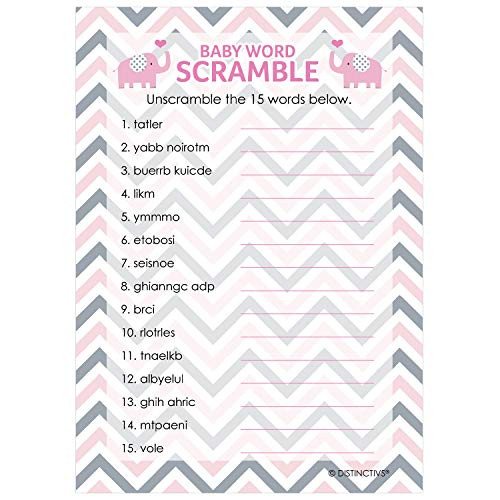 Pink and Gray Elephant Baby Shower Word Scramble Game   20 Cards