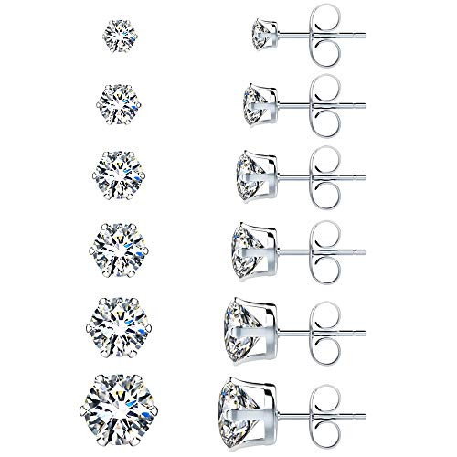 UHIBROS 6 Pairs Stainless Steel Stud Earrings Set Hypoallergenic Cubic Zirconia 18K White Gold 316L CZ Earrings 3 8mm