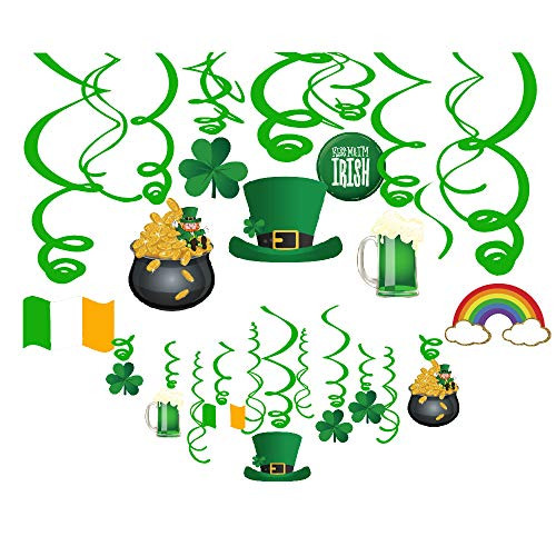 30 Pcs St. Patrick's Day Foil Hanging Swirls with Lucky Irish Green Shamrock and Leprechauns Saint Patricks Party Decorations Supplies