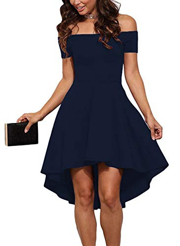 Sarin Mathews Women Off The Shoulder Short Sleeve High Low Cocktail Skater Dress Blue M