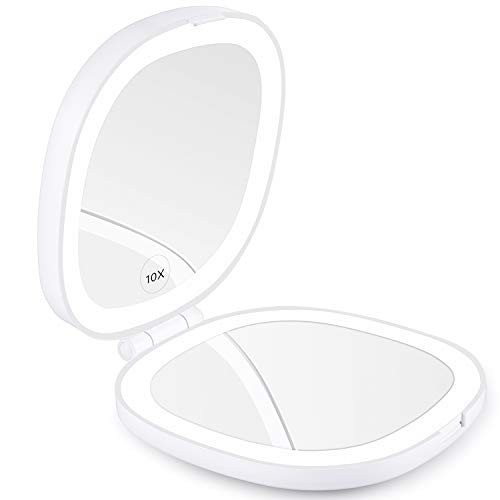 KEDSUM 2020 Version Rechargeable LED Lighted Travel Makeup Mirror 1X 10X Magnifying Compact Mirror with Lights Dimmable Double Sided Folding Mirror Portable Large Daylight USB Charging  White