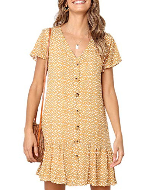 Chuanqi Womens Polka Dot V Neck Button Down Ruffles Casual Loose Swing Short Mini T Shirt Dress Medium 1 Yellow Chuanqi Womens Polka Dot V Neck Button Down Ruffles Casual Loose Swing Short Mini T Shirt Dress Medium 1 Yellow