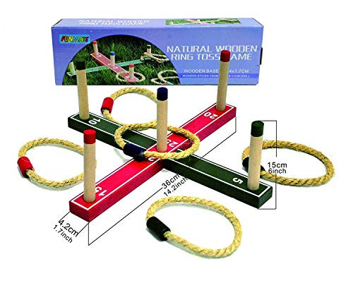 IFUN HIGH Yard Wooden Ring Toss Rope Quoits Hoopla Game,Wooden Pegs Throwing Game