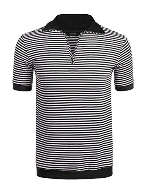 COOFANDY Mens Casual Quarter Zip Short Sleeve Striped Polo Shirts Contrast Collar Golf Tennis Shirt Tops