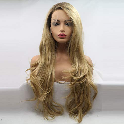 Xiweiya long blonde synthetic lace front wigs wavy side part wavy wig brown root long blonde wavy wig hair replacement wig for women drag queen makeup 24 inch  24 Xiweiya long blonde synthetic lace front wigs wavy side part wavy wig brown root long blonde wavy wig hair replacement wig for women drag queen makeup 24 inch  24