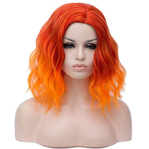 BERON 14  Women Girls Short Curly Bob Wavy Wig Body Wave Halloween Cosplay Daily Party Wigs  Ombre Orange