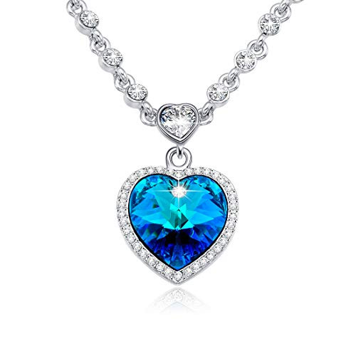 Cat Eye Jewels Swarovski Crystal Blue Heart of Ocean Love Necklace Chainheart Cubic Zirconia Pendant Silver Tone Tatanic Ladies Jewelry Necklaces for Women Girls Gifts N001