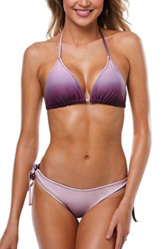 CharmLeaks Bikini Sets for Womens Halter Triangle Swimwear Side Tie Swimsuit Gradient Purple XL