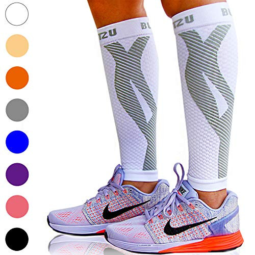 BLITZU Calf Compression Sleeves For Women   Men Leg Compression Socks for Runners Shin Splint Recovery from Injury   Pain Relief Great for Running Maternity Travel Nurses White S M
