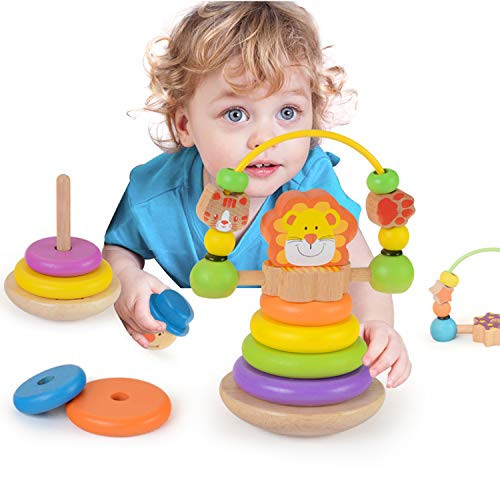 Wooka Lion Stacker Toy Wooden Rainbow Ring Stacker Educational Toys for Baby Toddlers