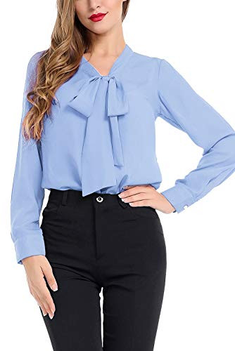 AUQCO Women Bow Tie Neck Chiffon Blouses Long Sleeve Casual Work Office Button Shirts Tops Sky Blue