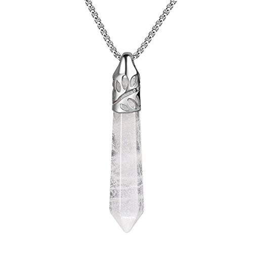 BEADNOVA Healing Crystal Necklace for Women Men White Quartz Pendant Energy Healing Gemstones Jewelry Pendulum Crystal Divination  Hexagonal 18 Inches Stainless Steel Chain