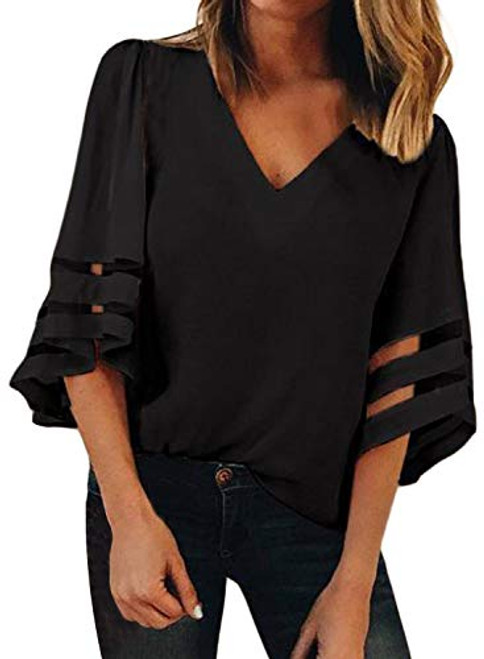 BLENCOT Womens Casual 3 4 Sleeve Bell Sleeve Lace Patchwork Black Chiffon Blouse Shirt Casual Loose Tops Large