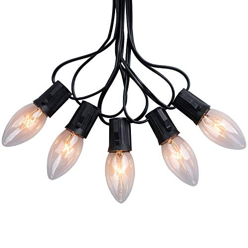 Brightown 50 Ft C9 Bulb String Lights Outdoor Warm White Clear Christmas Lights Black Wire for Outdoor Patio Room Christmas Tree Party Backyard Decoration 50 Bulbs