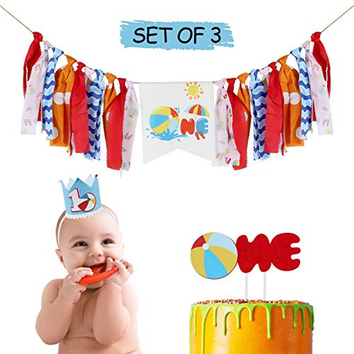 AERZETIX Baby 1st Birthday Decoration Set with One Highchair Burlap Banner One Birthday Cake Topper Blue 1st Crown Hat Pool Ball Bday Party Decoration   Netural  Boy or Girl
