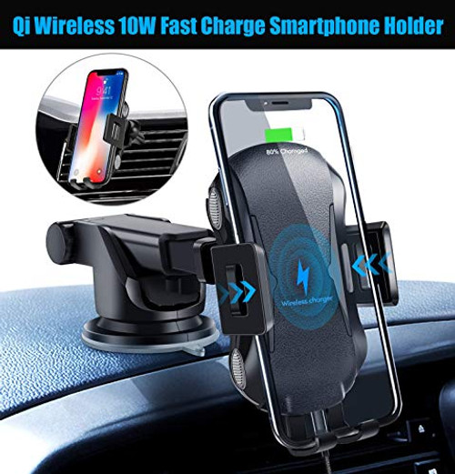 Qi Wireless 10W Fast Charge Smartphone Auto Clamping Holder with Car Dashboard Suction Cup Mount Stand with Air Vent Clip Mount Included Qi Wireless 10W Fast Charge Smartphone Auto Clamping Holder with Car Dashboard Suction Cup Mount Stand with Air Vent Clip Mount Included