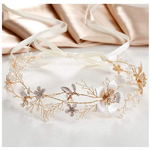 SWEETV Gold Wedding Headband Pearl Flower Bridal Headpieces for Wedding Crystal Hair Accessories for Women Girls Hair Vine