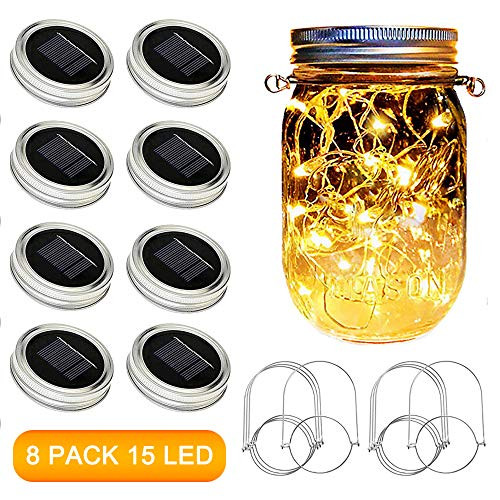 Solar Mason Jar Lights 8 Pack 15 LED Waterproof Fairy Firefly Jar Lids String Lights with Hangers NO Jars  Patio Yard Garden Wedding Easter Decoration   Warm White