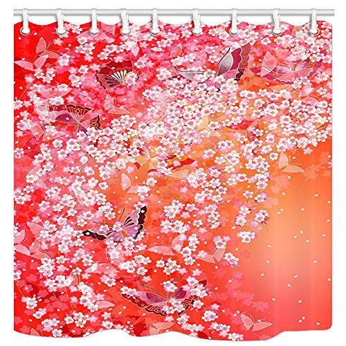 MMOSENN Floral Shower Curtain, Red Flower and Butterfly Spring Scenery, 69X70inch Polyester Fabric Anti-Mildew Bath Curtain for Bathroom, Bath Accessories 12 Hooks Included