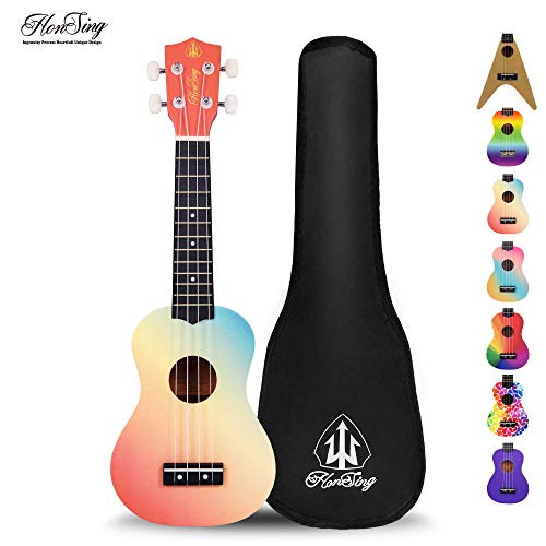 Honsing Kids UkuleleSoprano Ukulele BeginnerHawaii kids Guitar Uke Basswood 21 inches with Gig Bag  Rainbow Stripes Color matte finish