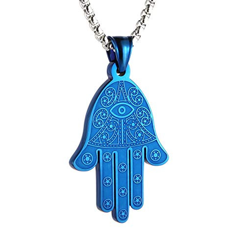 HZMAN Stainless Steel Egyptian Eye Fatima Hamsa Hand Pendant Necklace Success and Protection Lucky  Blue