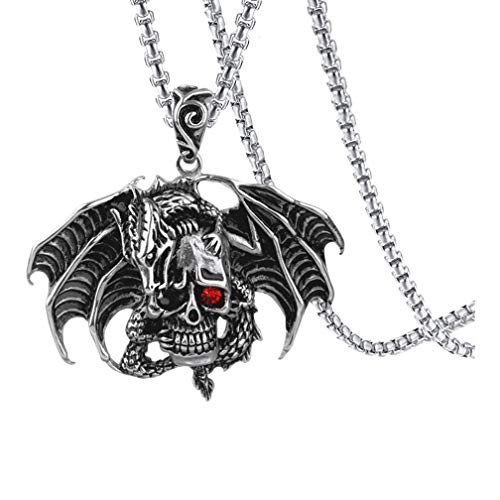 Xusamss Punk Rock Titanium Steel Dragon Pendant Wings Skull Pendant Crystal Chain Necklaces