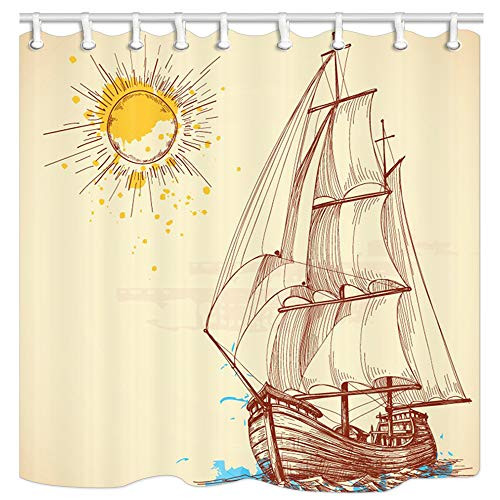 MMOSENN Kids Shower Curtain, Cartoon Sailboat Sails on The Sea, 69X70inch Polyester Fabric Anti-Mildew Bath Curtain for Bathroom, Bath Accessories 12 Hooks Included