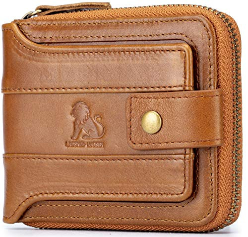 LAOSHIZI Leather Mens Wallet RFID Blocking Zipper Bifold Wallets for Men Multi Card Holder Purse  Yellow brown
