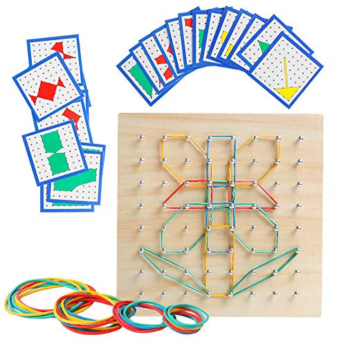 Wooden Geoboard Mathematical Manipulative Material Array Block Geo Board Graphical Educational Toys with 24Pcs Pattern Cards and Rubber Bands Shape STEM Puzzle Matrix 8x8 Brain Teaser Gift for Kid