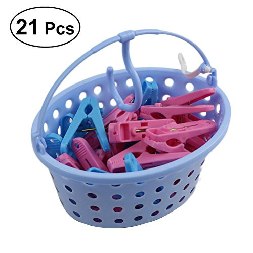 OUNONA Plastic Clothespin Basket Hanging Storage Basket with 20 Clothespin Clothes Clips Pegs for Laundry Photo Paper Pegs(Blue)
