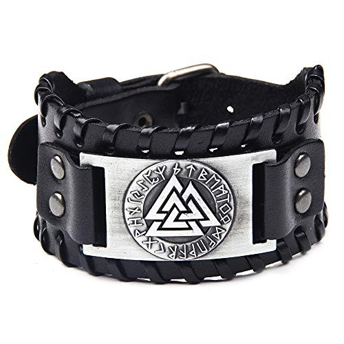 AZORA Viking Bracelet Adjustable Bangle   Mens Leather Bracelet Handmade with Nordic Amulet   God All Father Odin Valknut Jewelry