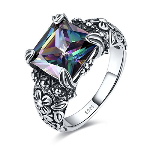 Merthus Antique 925 Sterling Silver Floral Band Created Mystic Rainbow Topaz Gemstone Ring for Women Size 6