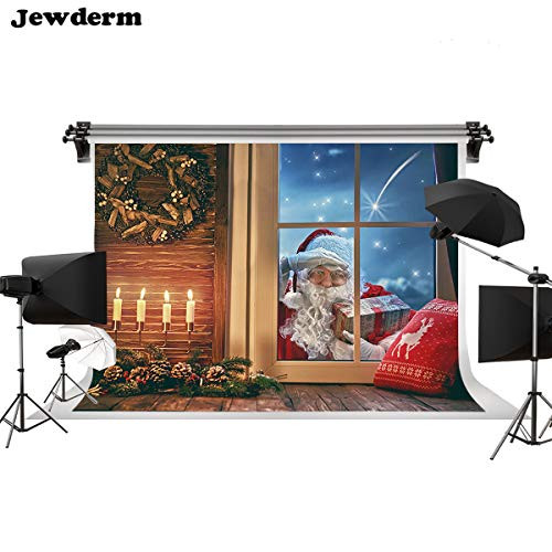 Jewderm 9x6ft Photography Backdrop Santa Claus Photo Background Window Candle for Christmas Party Wall Decoration Photographic Studio Props