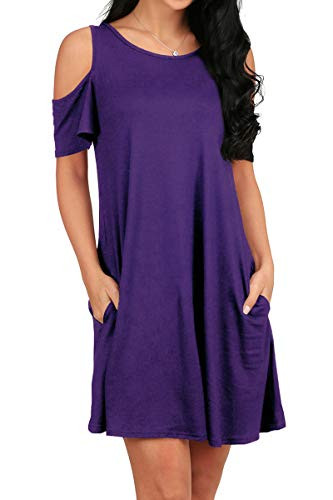 OFEEFAN Women s Casual Plain Simple Pockets T Shirt Loose Dress Purple XL