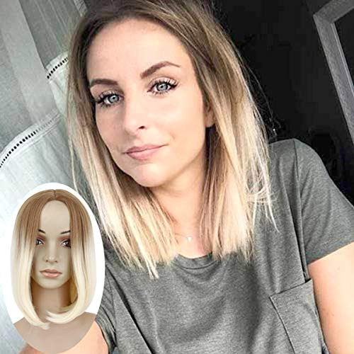 BECUS BEAUTY Ombre Bob Wigs Brown Roots to Blonde Shoulder Length Fiber Synthetic Wig with Bangs Middle Part Silky Straight Heat Resistant Wigs for Women with Free Wig Cap 12 inches BECUS BEAUTY Ombre Bob Wigs Brown Roots to Blonde Shoulder Length Fiber Synthetic Wig with Bangs Middle Part Silky Straight Heat Resistant Wigs for Women with Free Wig Cap 12 inches