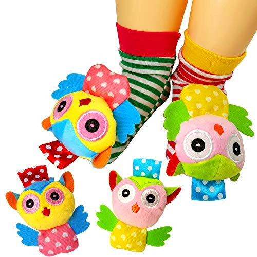 COSMARK Infant Socks Toys, Baby Animal Wrist Rattles and Foots Finder Socks Set, Educational Development Soft Toy (4 Packs) (owl)