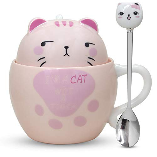 Notrefly Cat Mug With Lid And Lovely Stainless Steel Spoon ?Ceramic Funny Cat Face Coffee Mug Novelty Cat Tea Cup Gift For Crazy Cat Lady Lovers Women And Girls 11oz