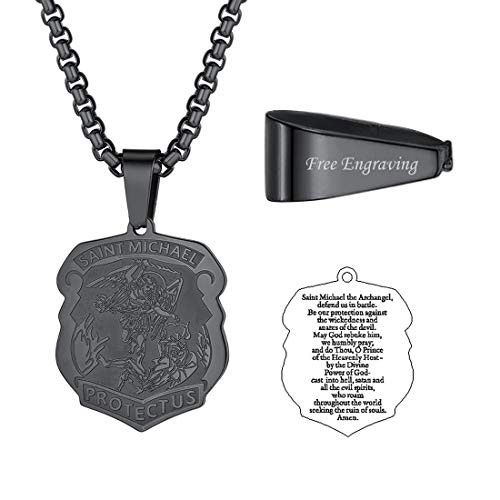 U7 Vintage Black Saint Michael Necklace Men Women Protection Jewelry Judism Christian Islamic Biblical Archangel Pendant with Chain 22 Inch