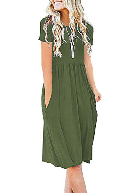 DB MOON Women Summer Casual Short Sleeve Dresses Empire Waist Dress with Pockets Army Green L DB MOON Women Summer Casual Short Sleeve Dresses Empire Waist Dress with Pockets Army Green L