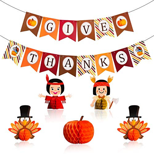 7 Pcs Thanksgiving Banners Kit Give Thanks Paperboard Banners with Turkey Pumpkin Honeycomb Thanksgiving Table Decor for Fall Festival Party Decorations