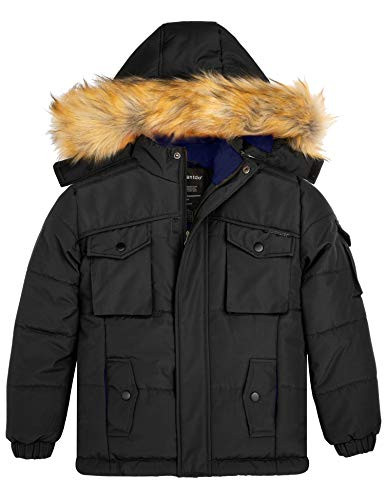 Wantdo Boy s Winter Coat Thick Puffer Jacket with Removable Fur Hood Black 14 16