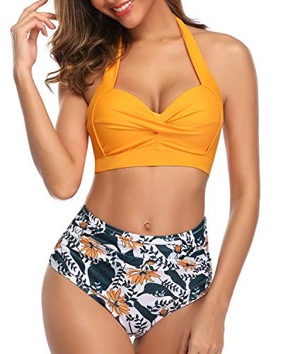 Tempt Me Women Vintage Swimsuit Retro Halter Ruched High Waist Bikini Yellow L