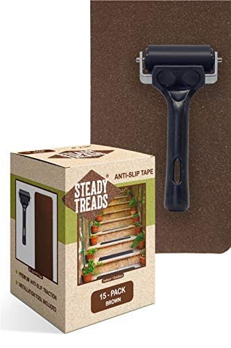 Steady Treads   Set of PVC Free Non Slip Adhesive Stair Treads and Handy Installation Roller  15qty   4  X 24    Roller Brown