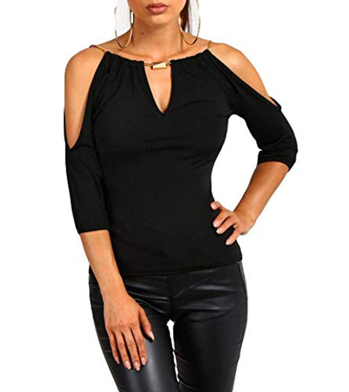 USGreatgorgeous Womens Open Cold Shoulder Slim Fit Short Sleeve Tee Shirt Casual Blouse Tops  Black Medium