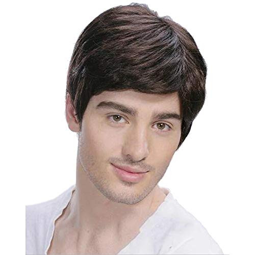 Baruisi Mens Short Brown Wig Natural Hair Replacement Synthetic Costume Halloween Full Wigs