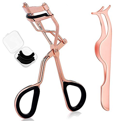 Decole Eyelash Curler Stainless Steel Eyelash Curler with 5 Silicone Refill Pads and Eyelash Tweezer Professional Lashes Curler Set Fits Various Eye Shape