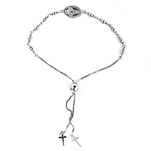 LeCalla Sterling Silver Jewelry Adjustable Sliding Mother Mary Cross Religious Bracelet for Women