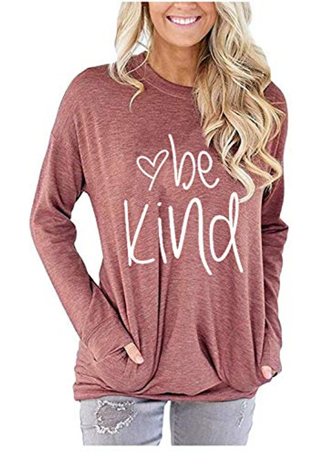 Akihoo Women Be Kind T Shirts for Women Long Sleeves Casual Pullover Sweatshirt Pocket Tunics Tops XL